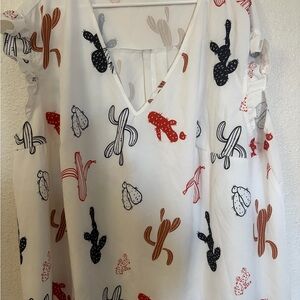 SHEIN Cactus Print V-Neck Blouse - Red, Black, White